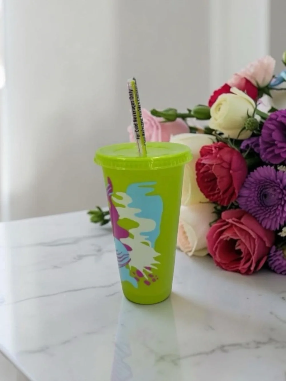 Starbucks Bright Lime Green Tumbler with Abstract Color Accents 24oz. NEW